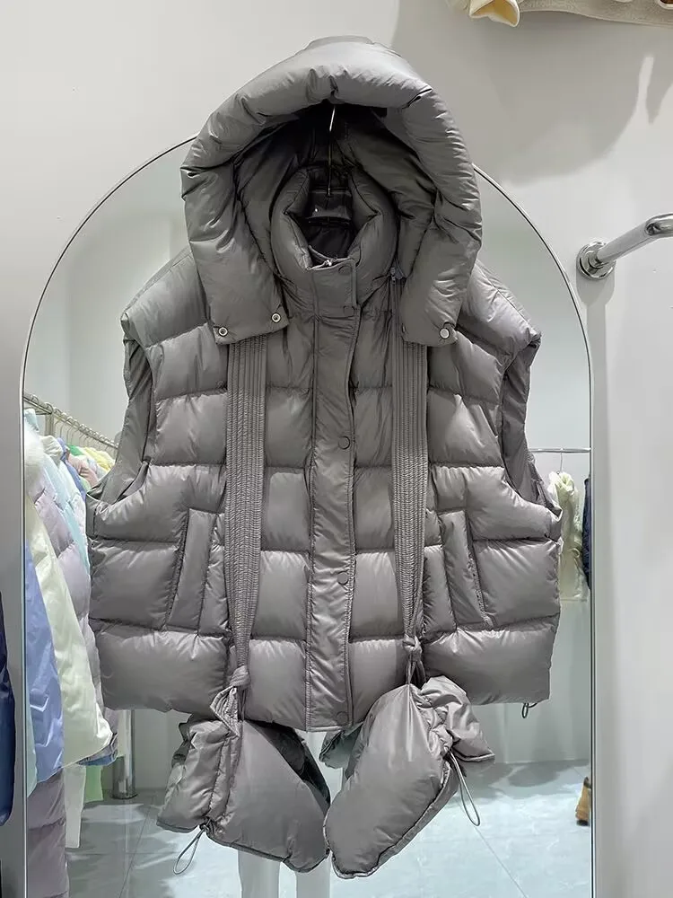 2024 autunno inverno guanti grandi gilet imbottito corto con cappuccio piumino d\'anatra bianco senza maniche gilet caldo allentato femminile