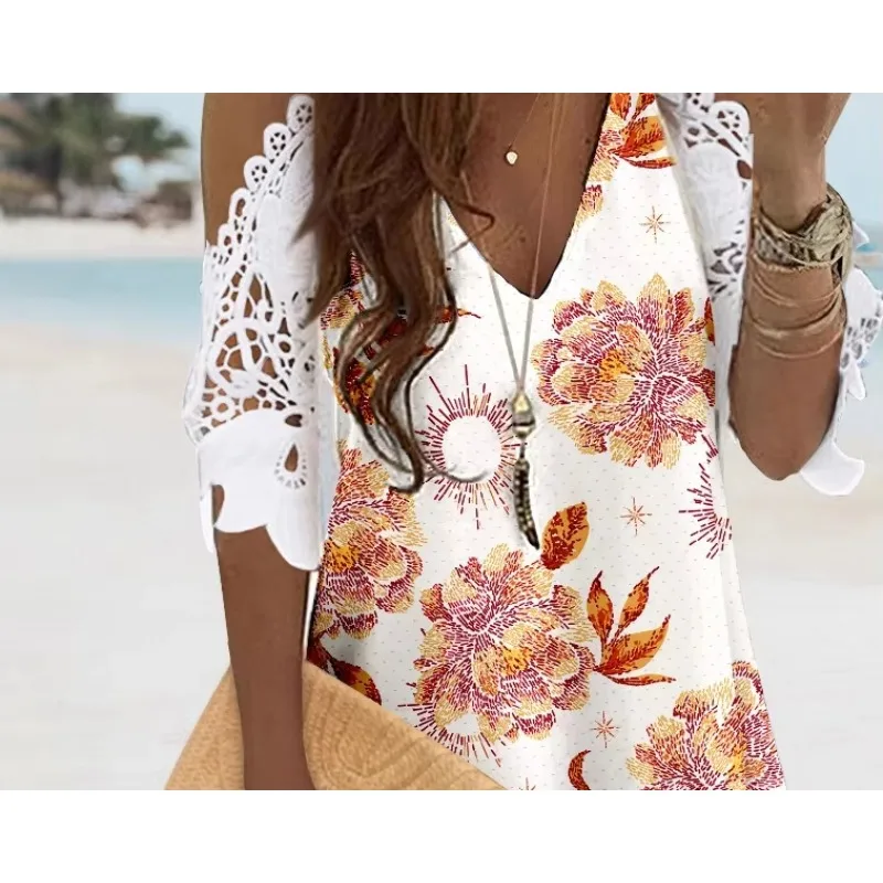 ลึก V โครเชต์ลูกไม้ชุดมินิผู้หญิงดอกไม้พิมพ์ไหล่เย็นชุดลําลองเซ็กซี่แฟชั่นฤดูร้อน