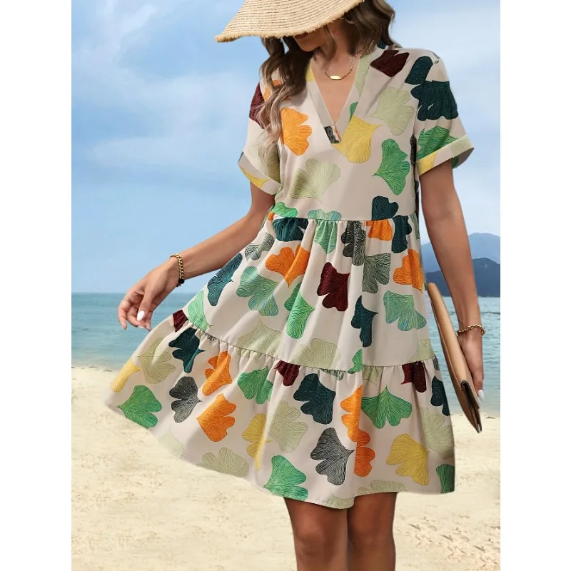 플러스 사이즈 여성의 새로운 유행 꽃 V 넥 캐주얼 편안한 다목적 반팔 드레스