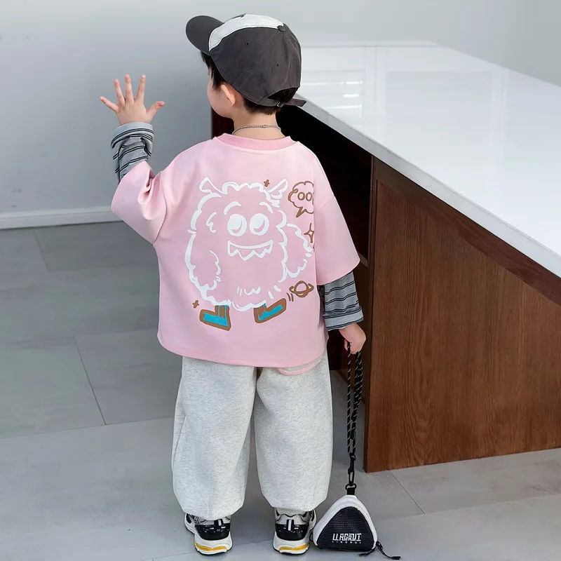 

Комплект из 2 предметов для маленьких мальчиков, весенний комплект из двух предметов с мультяшным принтом для мальчиков, ложный свитшот и штаны, костюм из 2 предметов, модная детская одежда