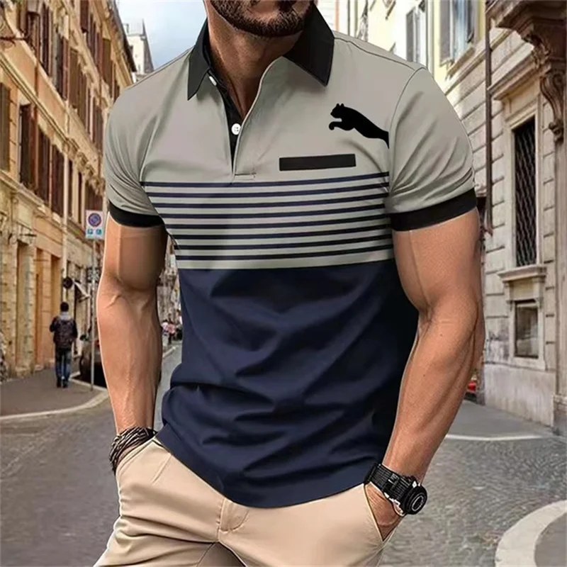 Fashionable Minimalist Striped Printed Men Polo T-shirt Summer Trend Golf Clothing Casual Lapel Short Sleeve Shirt Oversized Top