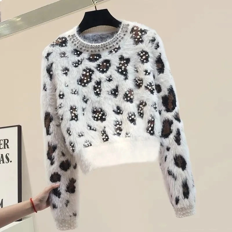 Leopard Pearls Vintage Mink Knit O-Neck Long Sleeve Pullover Women\'s Sweater Female Sweaters Tops Woman Clothing Fashion 2024