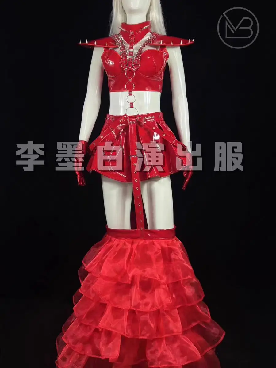 Rivet Red Skirt Bar Nightclub Female Singer Dance Team Performance Costume European and American Party Theme Show Stage Clothing