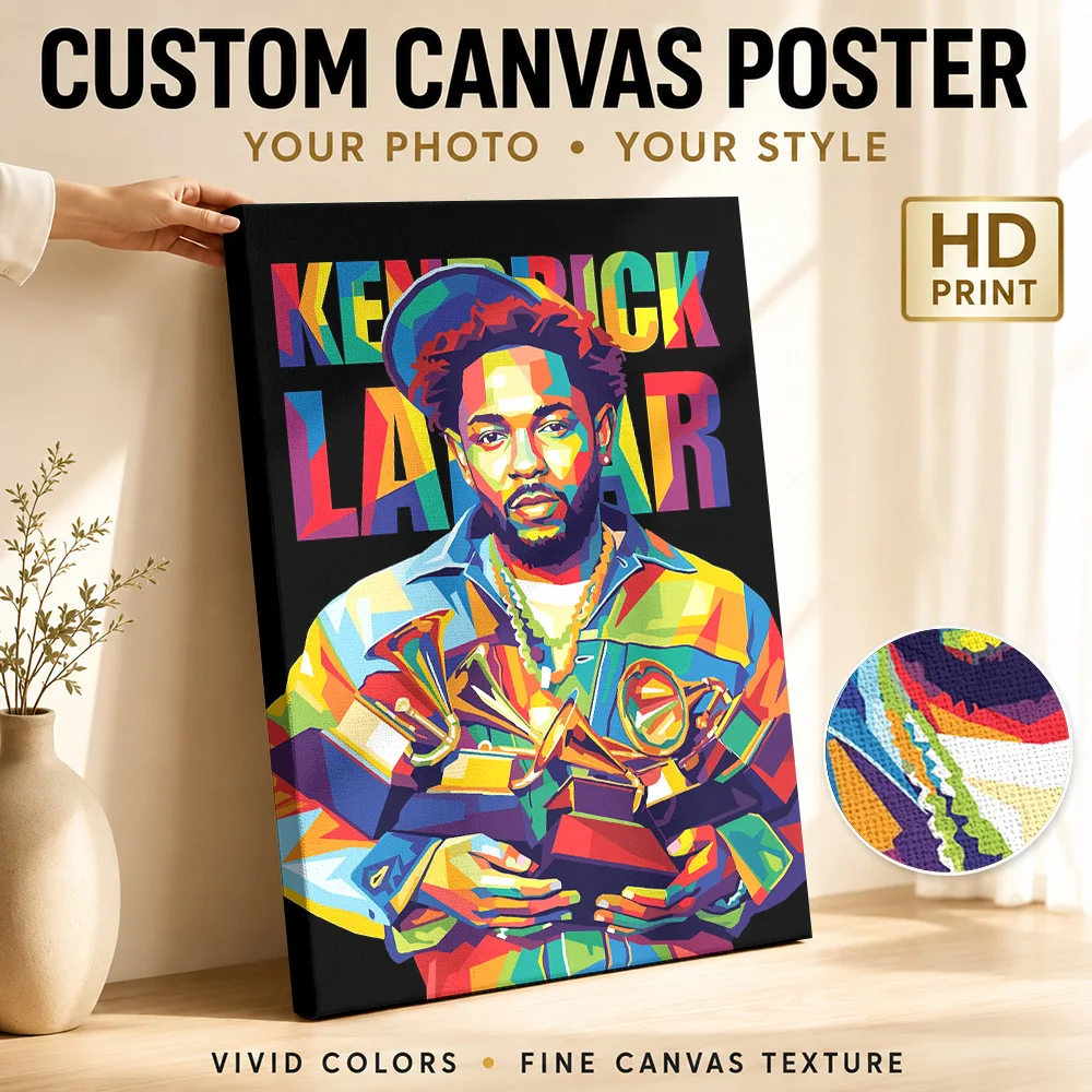 Kendrick Lamar Colorful Portrait Framed Canvas Poster Customized Photo Retro Music Canvas Wall Art for Bar Decor Ready to Hang
