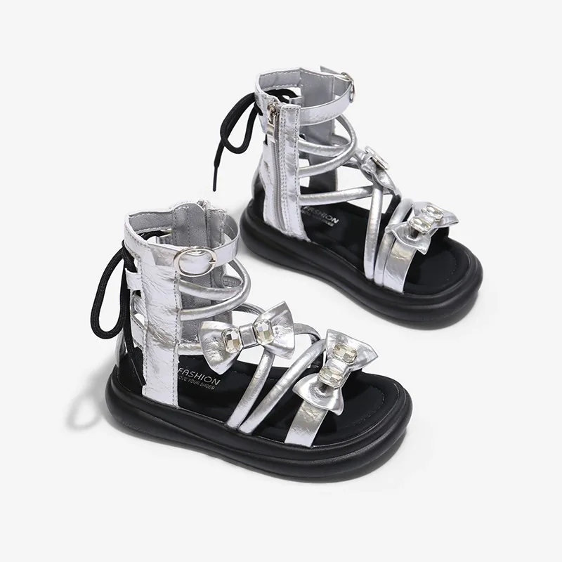 Square Diamond Bow Girls' Fashionable Ankle Cool Boots 2026 New Summer Edition Children's Soft Soled Beach Side Zipper Sandals