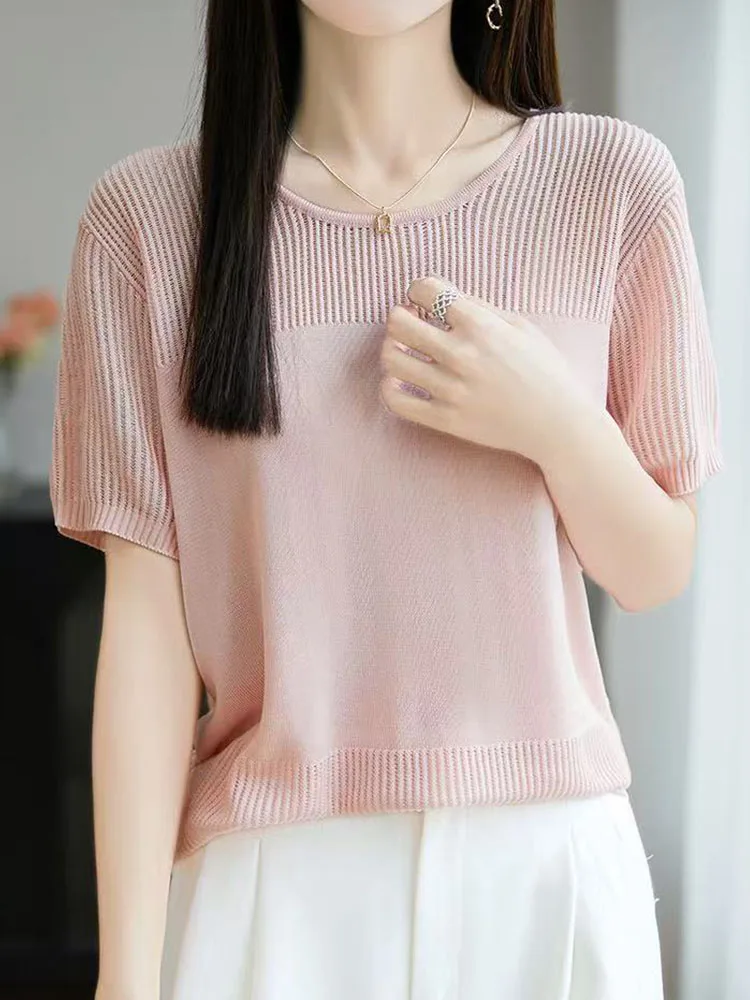 Verano 2025 nueva camiseta redonda de punto Sle para mujer ahuecada fina ort Sve Lyocell Top de seda Color de ajuste suelto