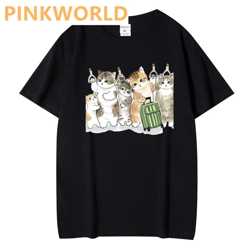 Kawaii A cat packed in a suitcase print ladies T-shirt casual basis O-collar Black white Women shirt short sleeve ladies Tshirt