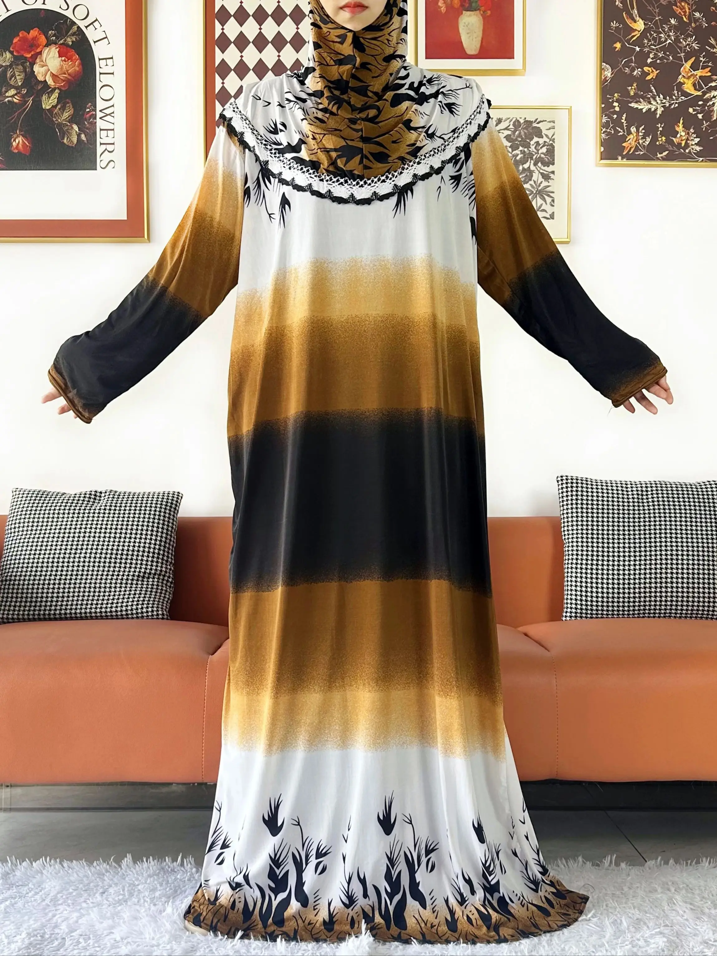 6XL New Muslim Ramadam Prayer Dress Attached Hijab Pray Khimar Kaftan Abaya Robe Hijab Middle East Clothing