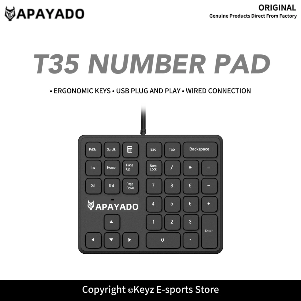 T35 34-Key Wired Numeric Keypad USB Plug-and-Play APAYADO Ergonomic Ultra-Thin Design for Finance Accounting