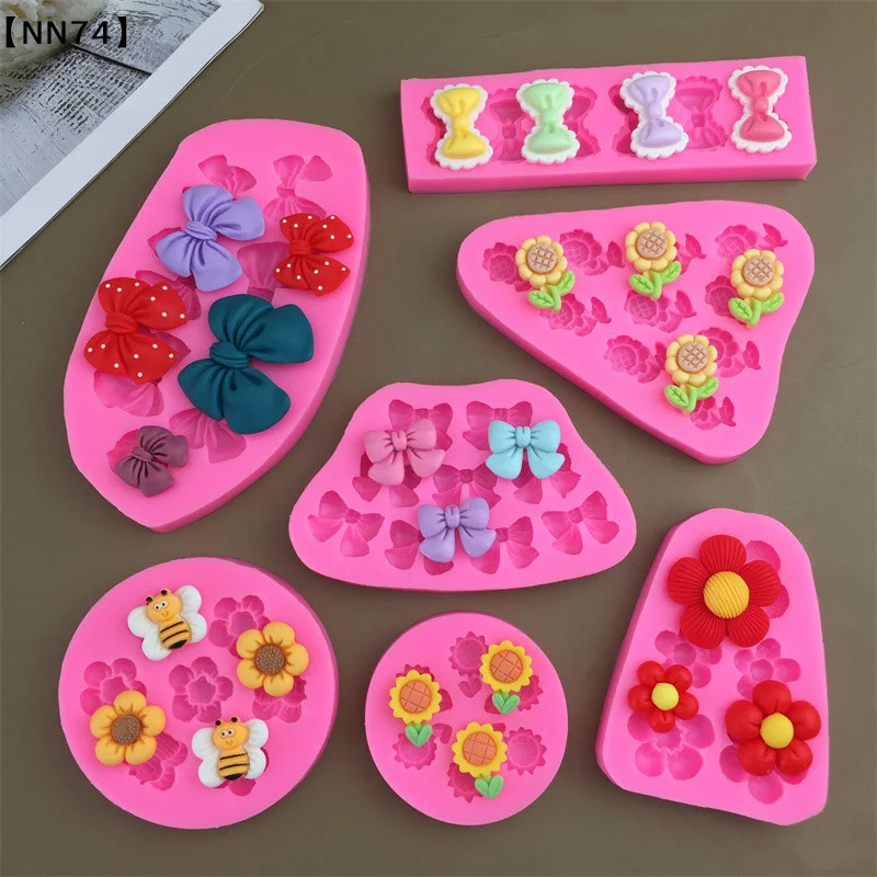【NN74】Cute Cartoon Flowers Bow Bee Fondant Silicone Molds DIY Cupcake Fondant Cake Decorating Chocolate Candy Baking Mold[J]【W4】