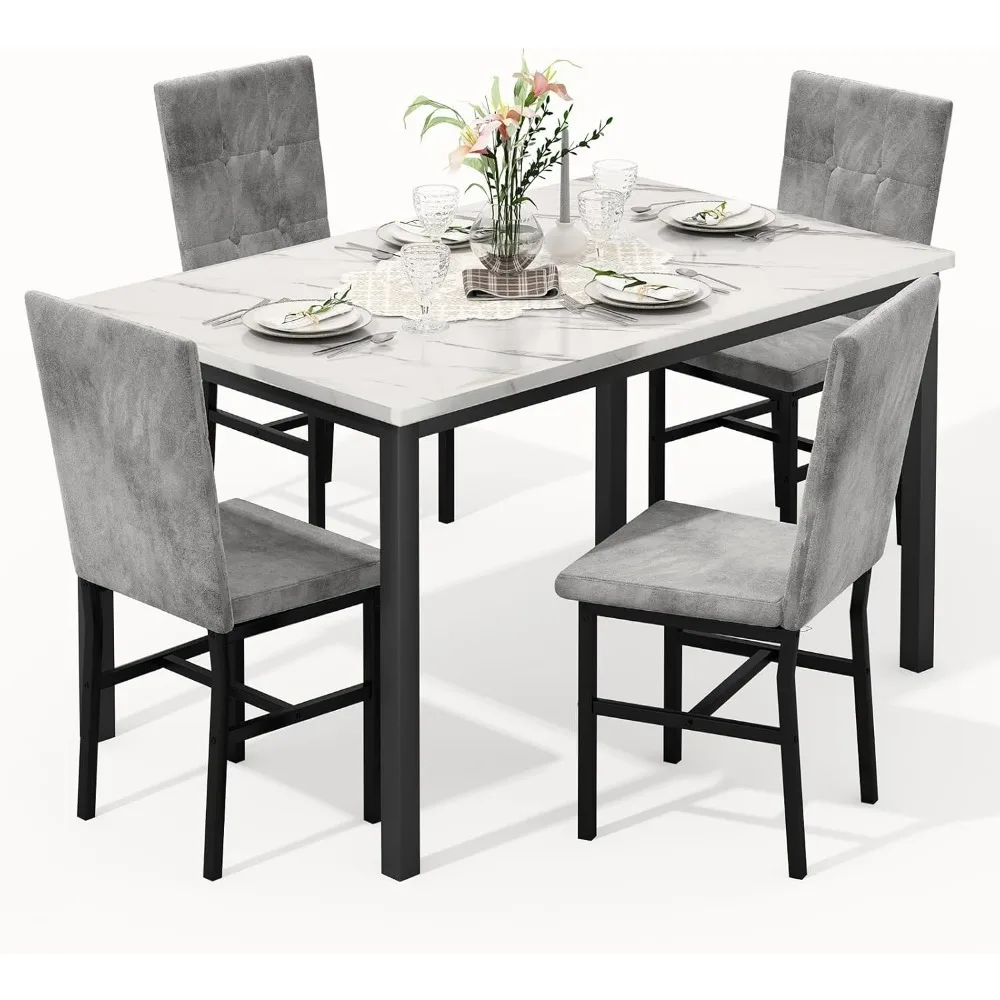 

Набор обеденных столов из искусственного мрамора, набор обеденных столов для 4 небольших помещений, кухонный стол и 4 бархатных стула, мебель для дома, прямоугольная