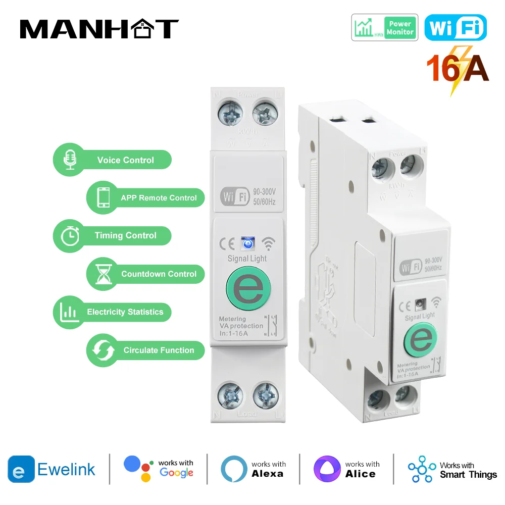 Ewelink 1P+N 16A WIFI Smart Circuit Breaker MCB Timer Relay Switch Energy Meter kWh Voltage Current Protector Remote Control