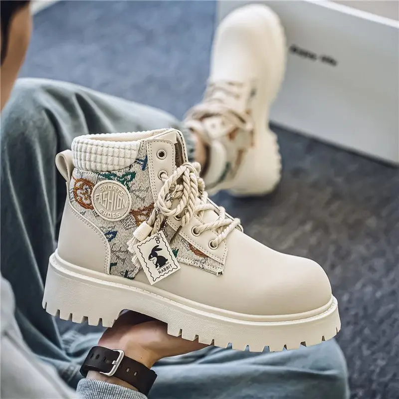 

2024, весенне-осенние свежие мужские нишевые модные мотоциклетные рабочие ботинки, высокие сапоги на толстой платформе в стиле пэчворк со шнуровкой