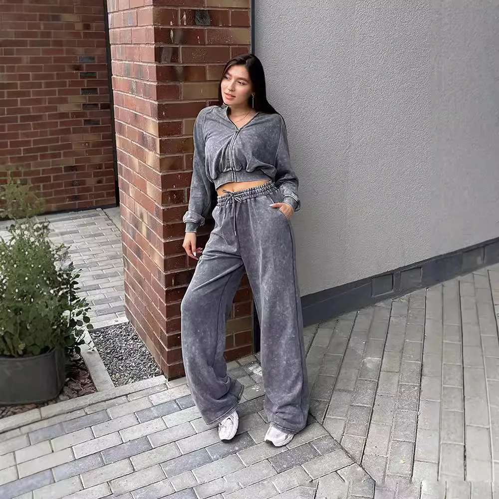 

Fashionable Zipper Navel Cardigan Wide-leg Pants Two-piece Sets Women Solid Color Casual Shirt Lace-up Trousers Suit For Women