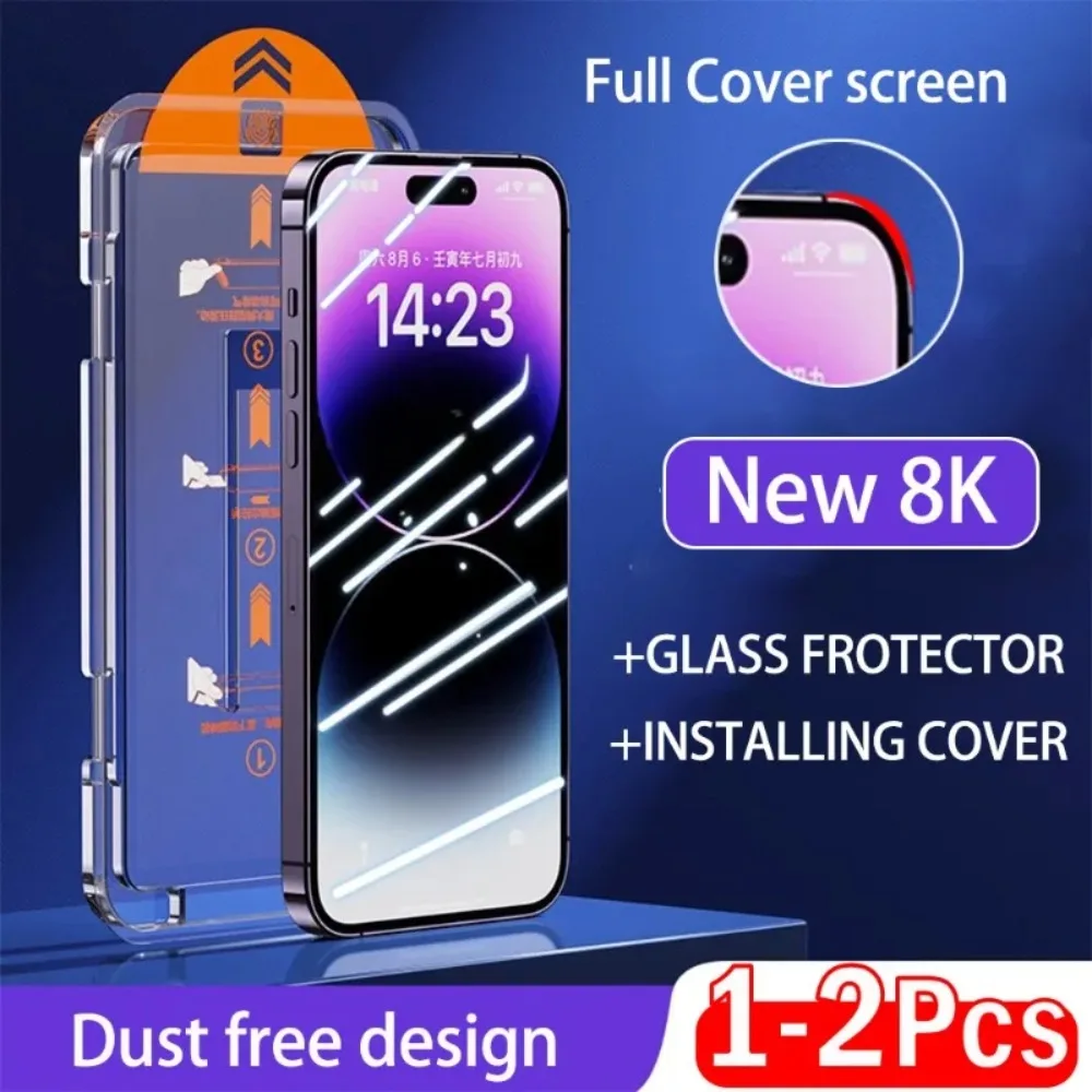 1-2Pcs New 8K Oleophobic Coating Dust free Installation Screen Protector For iPhone 16 13 11 15 12 14 Pro Max 13 Mini X XR Glass