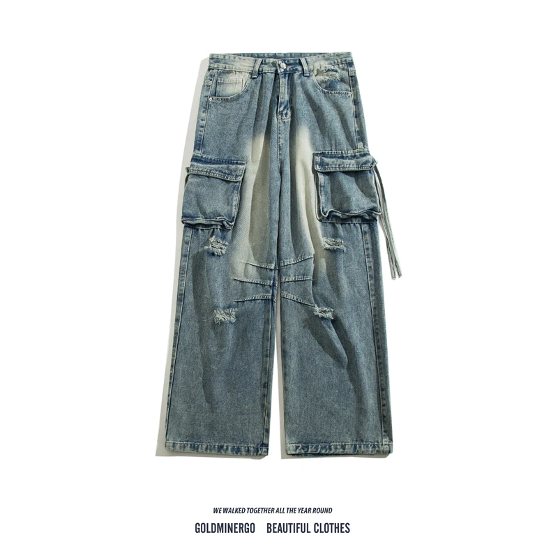 

Американские ретро-джинсы с дырками, мужские, модные, в стиле High Street, прямые, спортивные, свободные, универсальные, широкие, длинные брюки