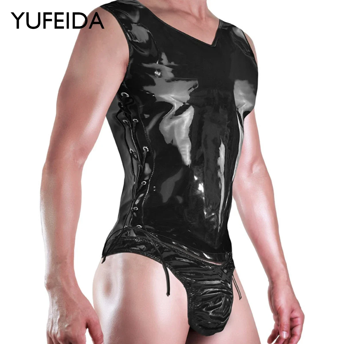 

YUFEIDA Man Sexy Leather Tanks Top Sets Erotic Bandage Gay Male Cosplay Tight Costumes 2pcs Lingerie Set Muscle Erotic ClubWear