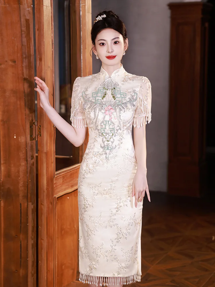 

Элегантное китайское вечернее платье с пайетками для свадьбы, ужина, торжества, сексуальное облегающее платье средней длины с коротким рукавом