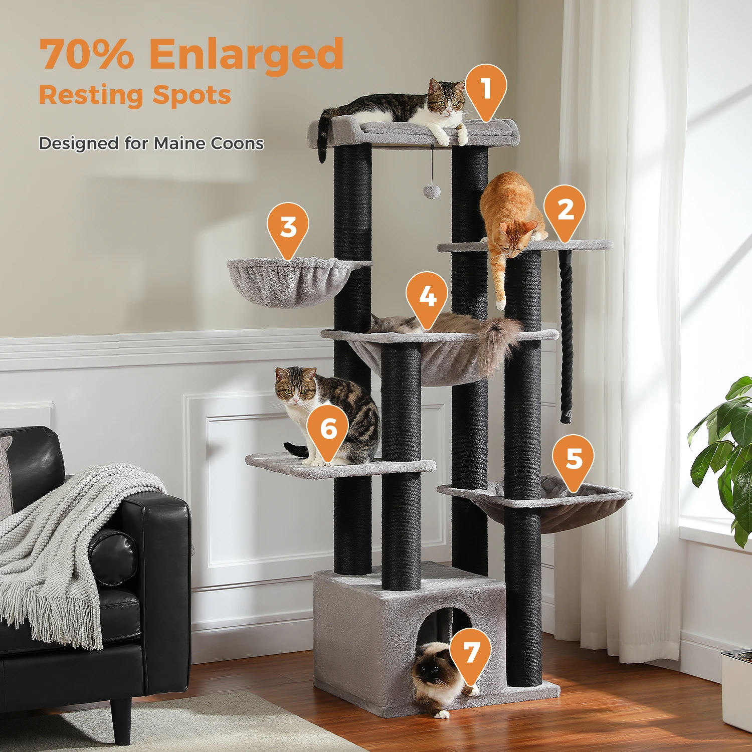66.5inch /170cm Cat Tower for Indoor Cats, Multi-Level Cat Condo Scratching Posts, Perches, Hammock, Cave