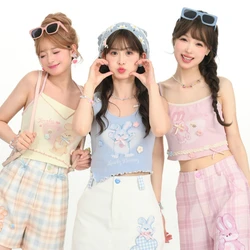 Japanese Sweet Lolita Style Tanks Tops Women Kawaii Cute Cartoon Bunny Print Vest Girl Harajuku Y2k Bow Flower Rabbit Camis Tops