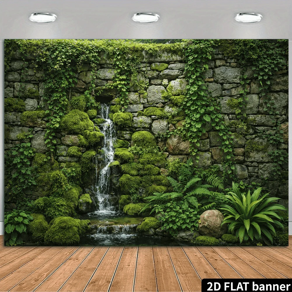 2D planarer Hintergrundstoff für Hoflandschaften mit Wasserfallwand – üppig grüne Steinmauer, bedeckt mit Kletterpflanzen