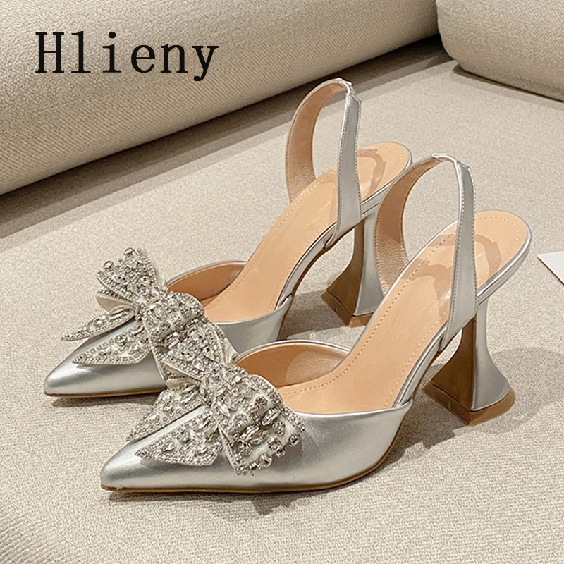 Hlieny Runway Fashion Glitter Rhinestones Women Pumps Crystal Bowknot Satin Pointed Toe Strange High Heels Wedding  Prom Shoes