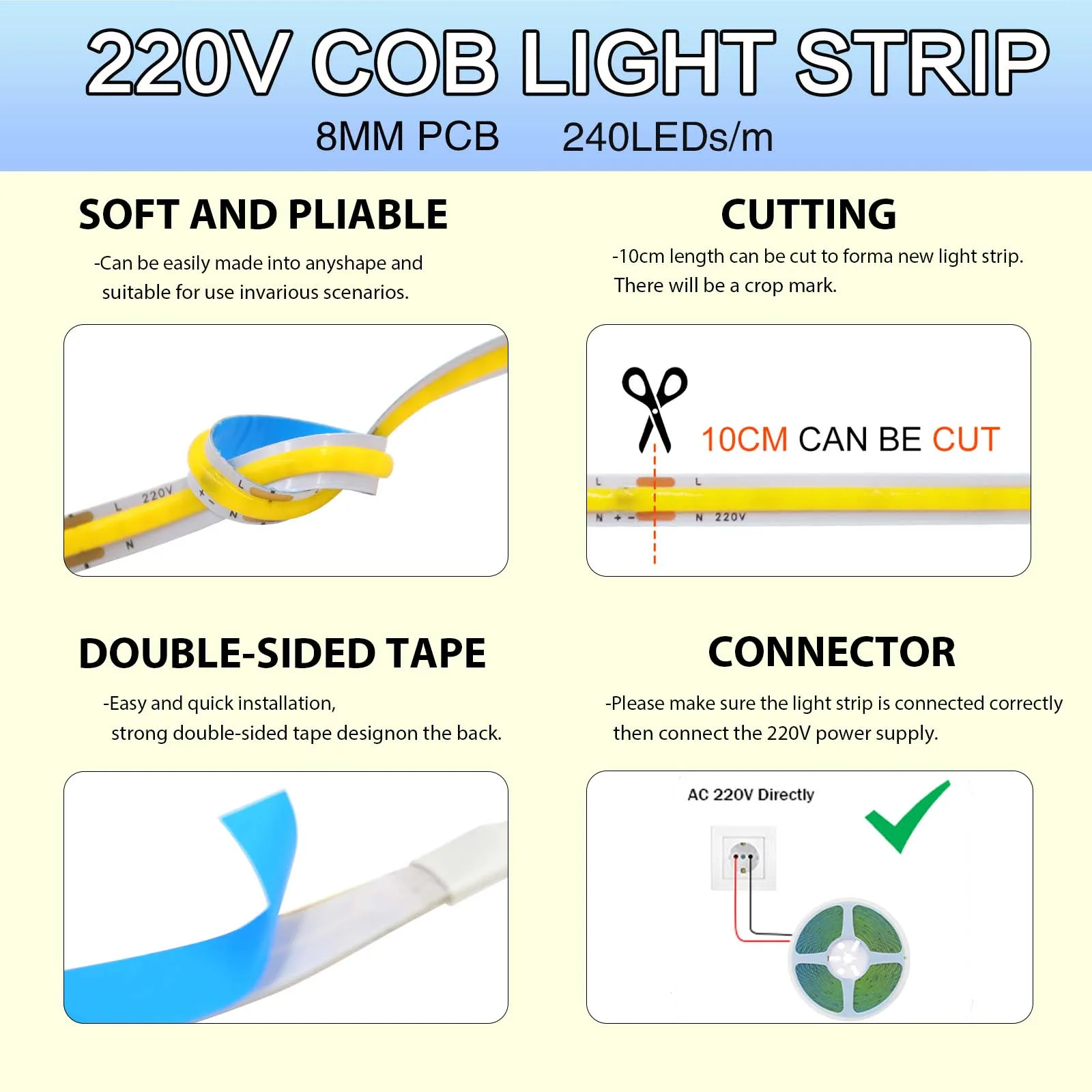 220V 5m 10m 15m 20m 50m COB Strip 240Leds/M 3000K 4000K 6000K Flexible Ribbon Rope LED Light Driver Build In Home Decor 8mm PCB