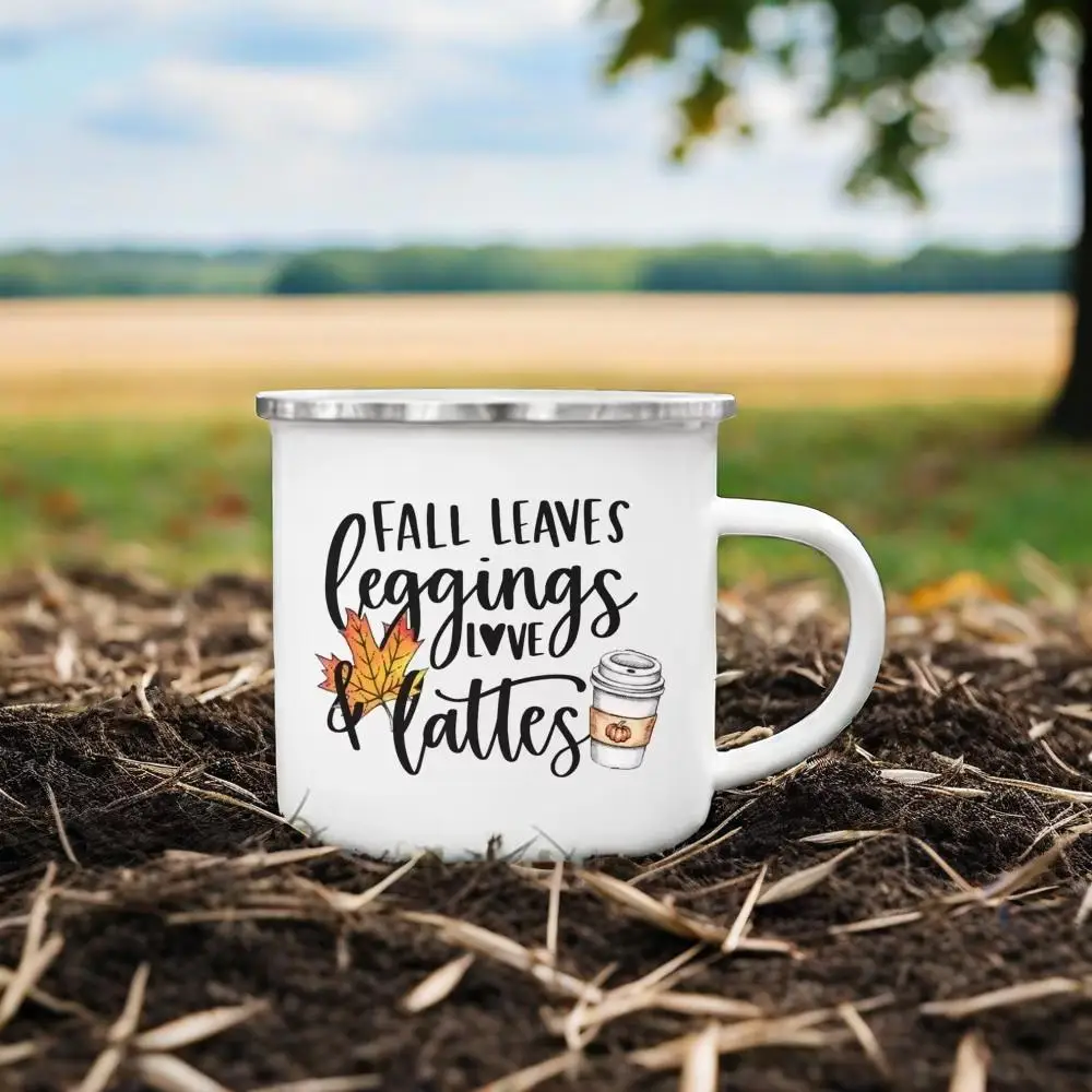 Tourist Mug Beer Coffee Cups Fall Thanksgiving Party Wine Juice Mug Hello Pumpkin Leaves Printed Enamel Mugs Fathers Day Gifts