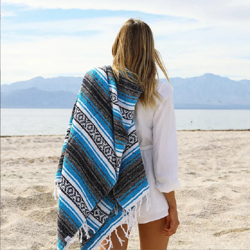 Mexican Shawl Blanket Oversized 55*70in cotton Woven Fringe  Picnic Mat Yoga Summer Cushion Swimming Travel Blanket