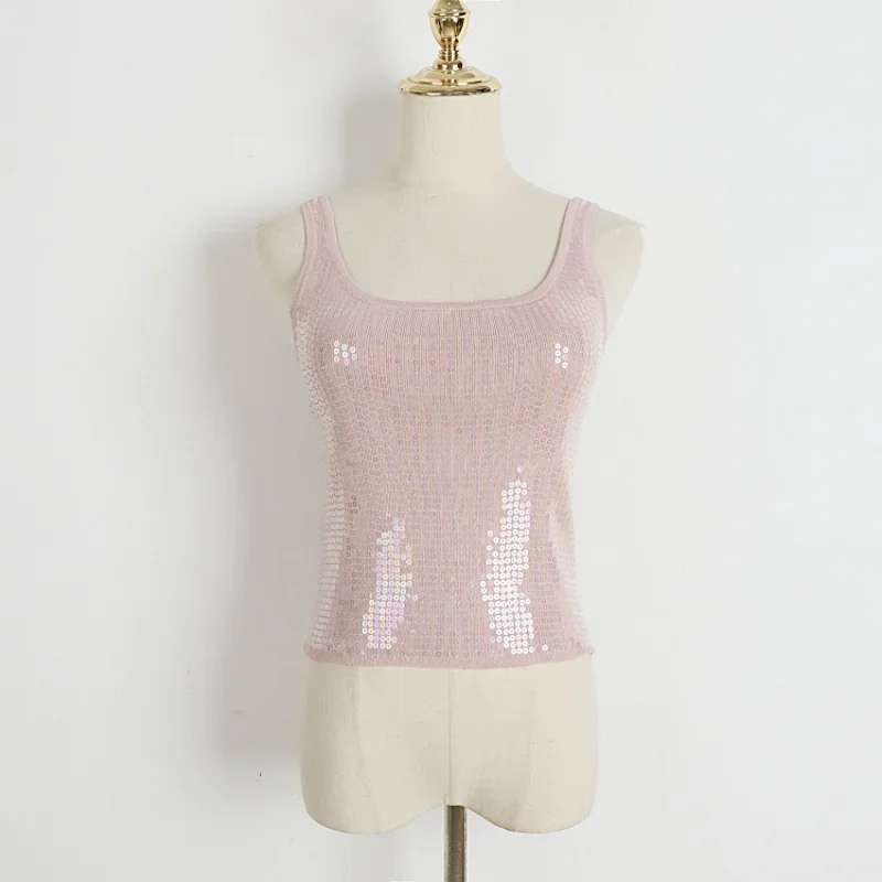 Sequin Knitted Tank Top for Girls, Street Spicy, Sexy, Versatile, Monochromatic, Slim Fit, Summer Underwear