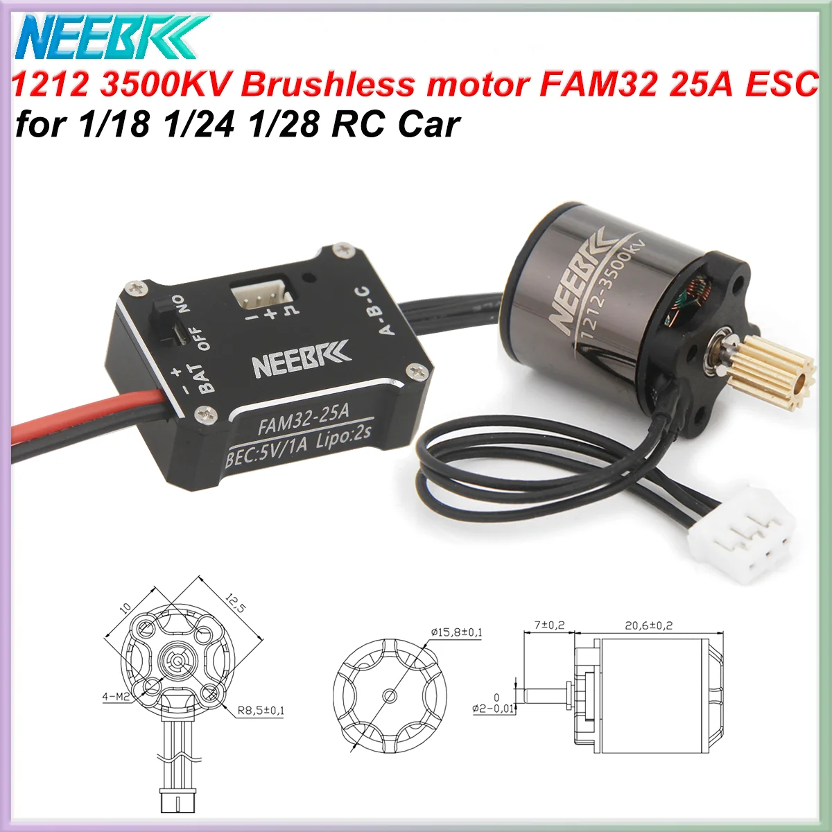 

NEEBRC 1212 3500KV Brushless Motor 11T Gear 25A ESC 2S BEC 5V/1A for 1/18/ 1/24 1/28 RC Climbing Drift Off Road Mini Car TRX4M