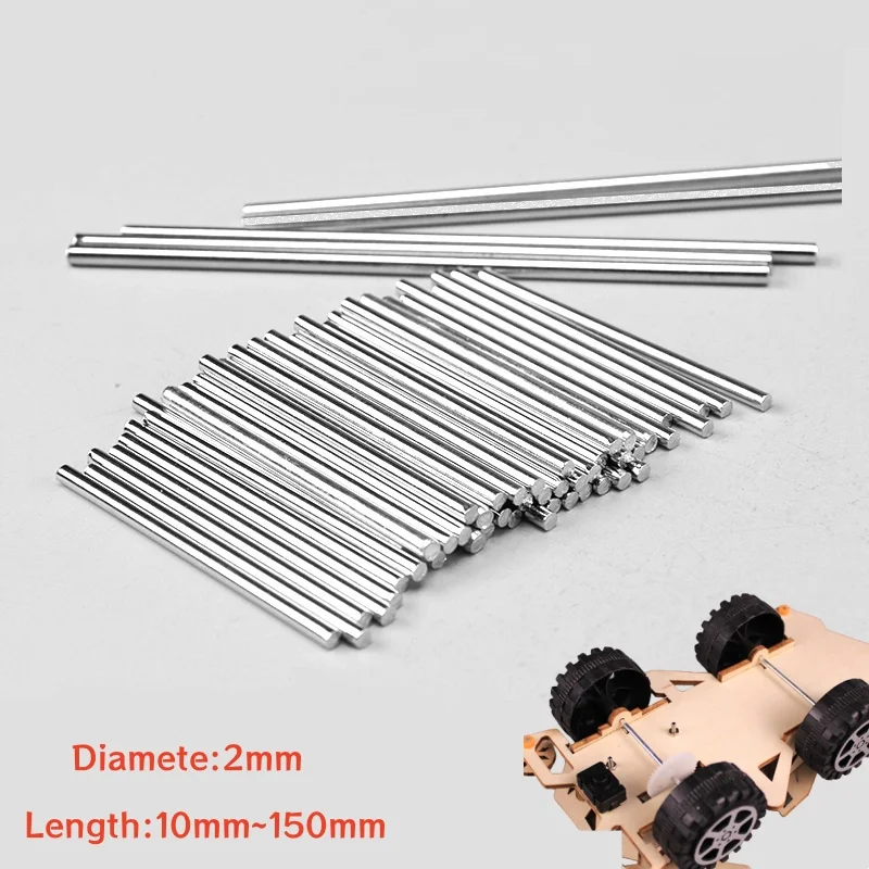 Axe rond en fer de 2mm de diamètre, tige de barre en métal solide, axes de modèle pour modèle de jouet RC, longueur de roue de voiture 10 ~ 150mm, 10 à 100 pièces