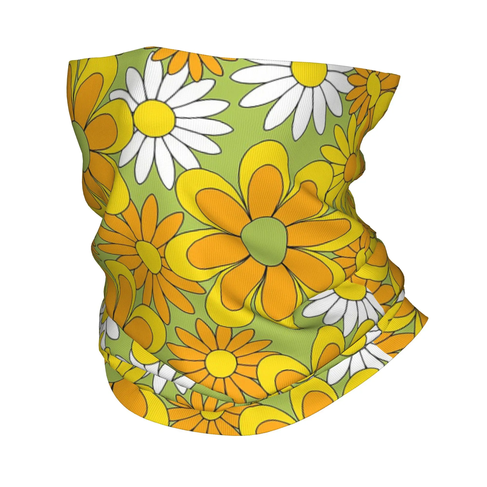 70s Flower Power Green Orange Yellow Retro Daisy Bandana Neck Gaiter Printed Magic Scarf Warm Headwear Riding Unisex Adult