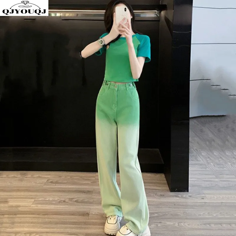 

Fashion Korean style new women's set casual short T-shirt+gradient wide leg jeans two-piece set trendy