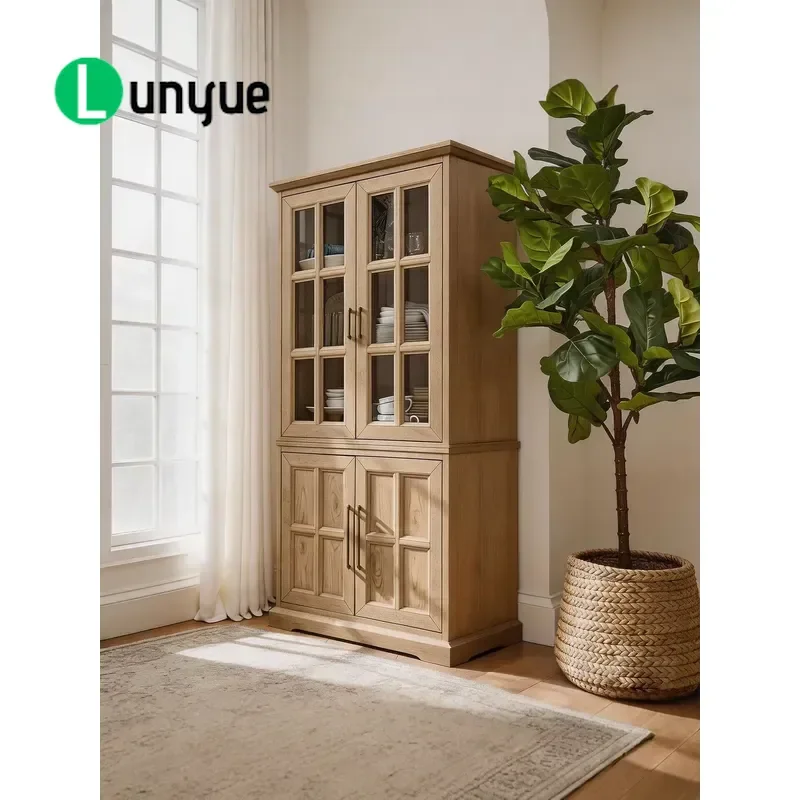 American Country Style Carved Solid Wood Side Cabinet with Metal Handle and Glass Door French Retro Imitation Storage Locker