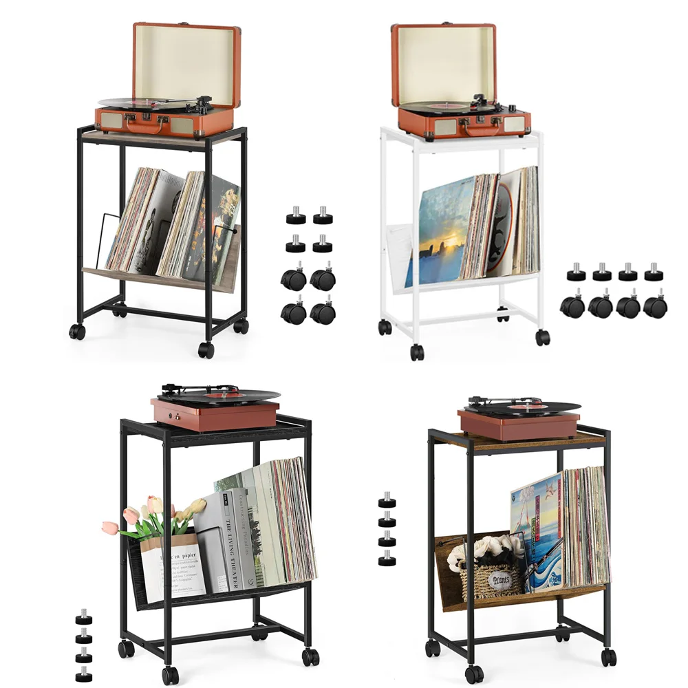 Record player stand, turntable stand with wheels, bedside table, record player table with album storage rack