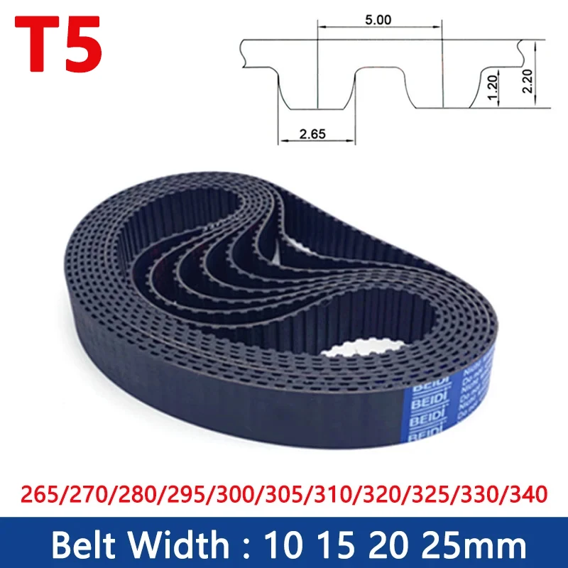 1PCS T5 Timing Belt Width 10/15/20/25mm Rubber Closed Loop Synchronous Belt Length 265/270/280/295/300/305/310/320/325/330/340mm