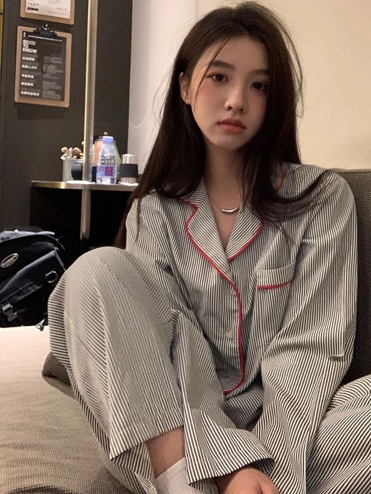 Black Stripe Sleepwear Women's Long Sleeve Home Clothes Spring Autumn New Sle Internet Celebri Sle Girl Outdoor Wear