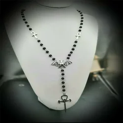 Gothic Rosary Vampire Bat & Ankh Pendants Black Beads Long Necklace 2022 Trendy women Luxury Jewelry