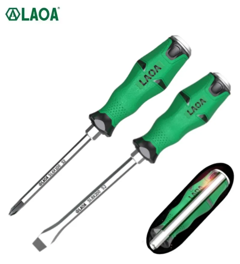 LAOA 2pcs Phillips Slotted Screwdriver With Magnetism Slotted Screwdrivers 58HRC Alloy Steel with Tap Function