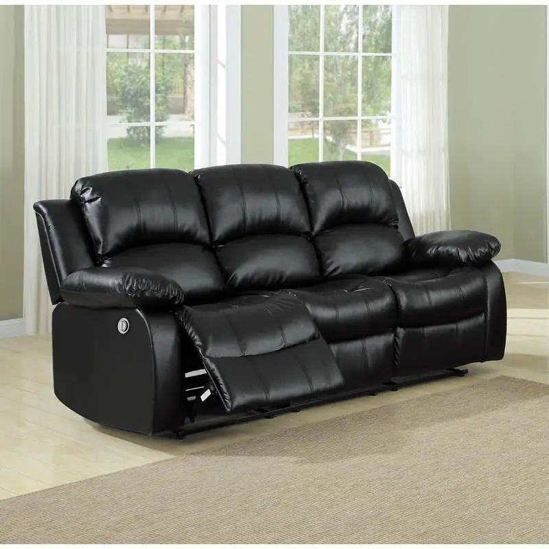 

Comfortable Double Reclining Sofa Black Bonded Leather Solid Wood Plywood Frame Living Room Furniture