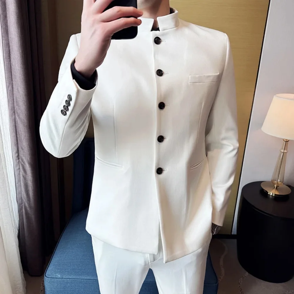 

Formal White 2 Piece Jacket Pants Sinle Breasted Stand Luxury Male Clothing Prom Party High Quality Men's Suits 2025