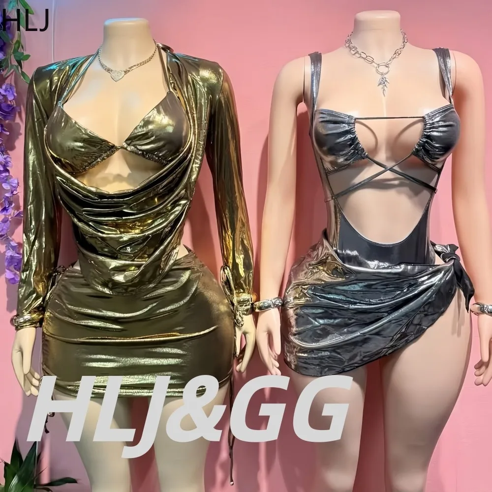 HLJ Sexy Sexy Metallic Cutout Two Piece Set Women Shiny Draped Bodycon Mini Skirt Night Club Rave Festival Party Clubwear Outfit