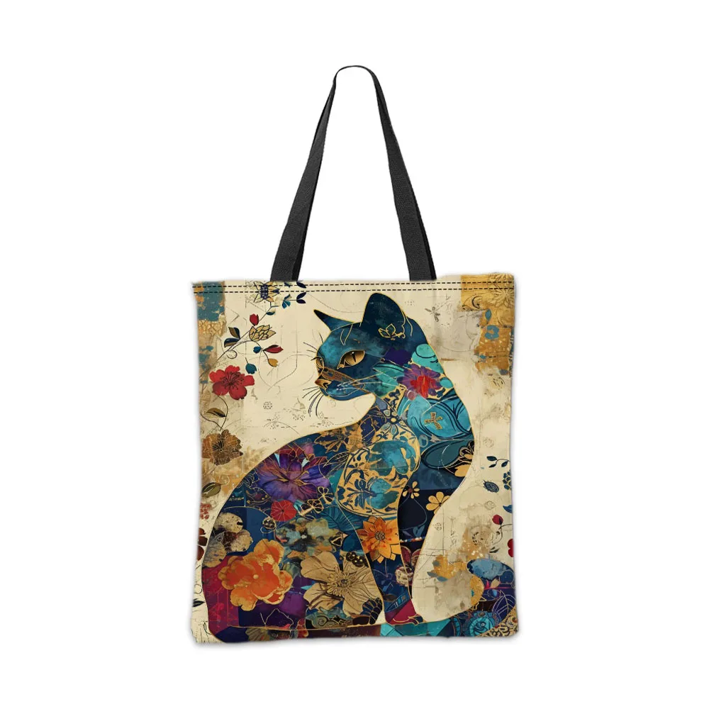 Schicke Retro-Blumen-Katze-Einkaufstasche, ethnischer Stil, Make-up-Tasche, Aufbewahrung, lässiges Einkaufen, Umhängetaschen, Damen-Handtasche, Kulturbeutel – Detail 5