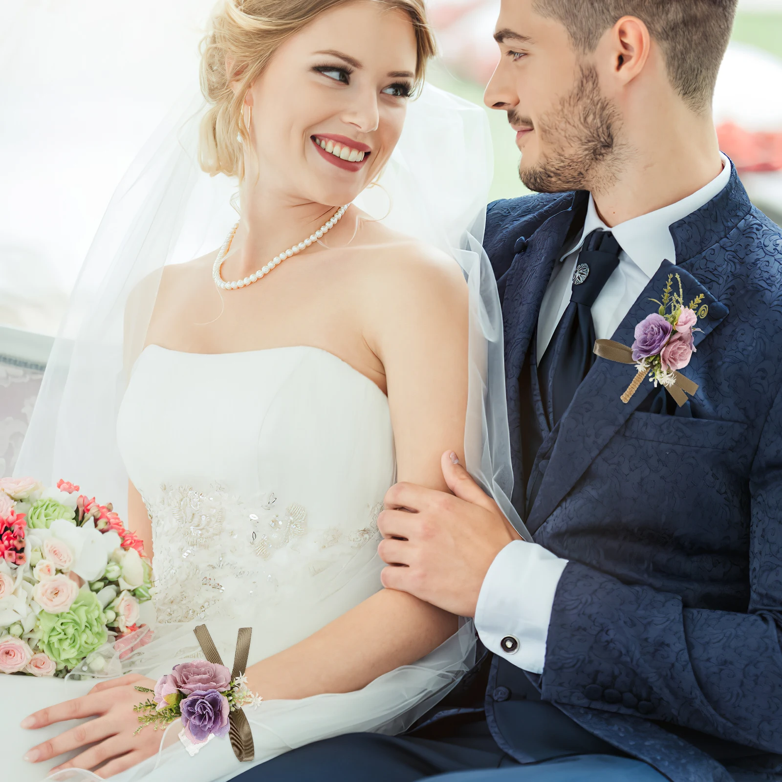 

Artificial Corsage Wrist Flower Set Elegant Natural Wedding Groom Bride Bridemaids Fake Flowers Decor H made Elastic Pin Back