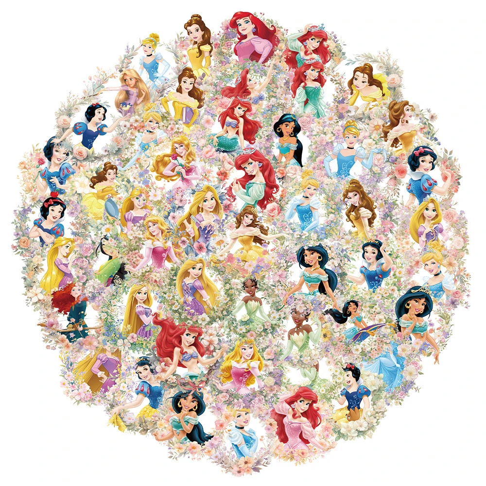 50pcs Transparent Disney Princess Flowers Cartoon Stickers Cute Graffiti Decal for Scrapbook Laptop Guitar DIY Aesthetic Sticker