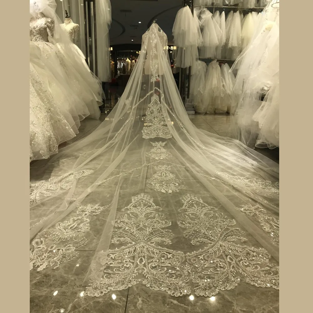 Kisswhite Nuovi veli da sposa lunghi e grandi con cristalli di perline di pizzo Veli da sposa da 3x4 metri