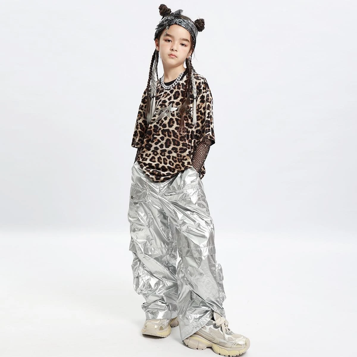 Nieuwe Jazz Kleding Meisjes Luipaard T-Shirt Zilveren Broek Kids Hip Hop Dans Kostuum Kinderen Kpop Stadium Outfit Street Wear XS9202
