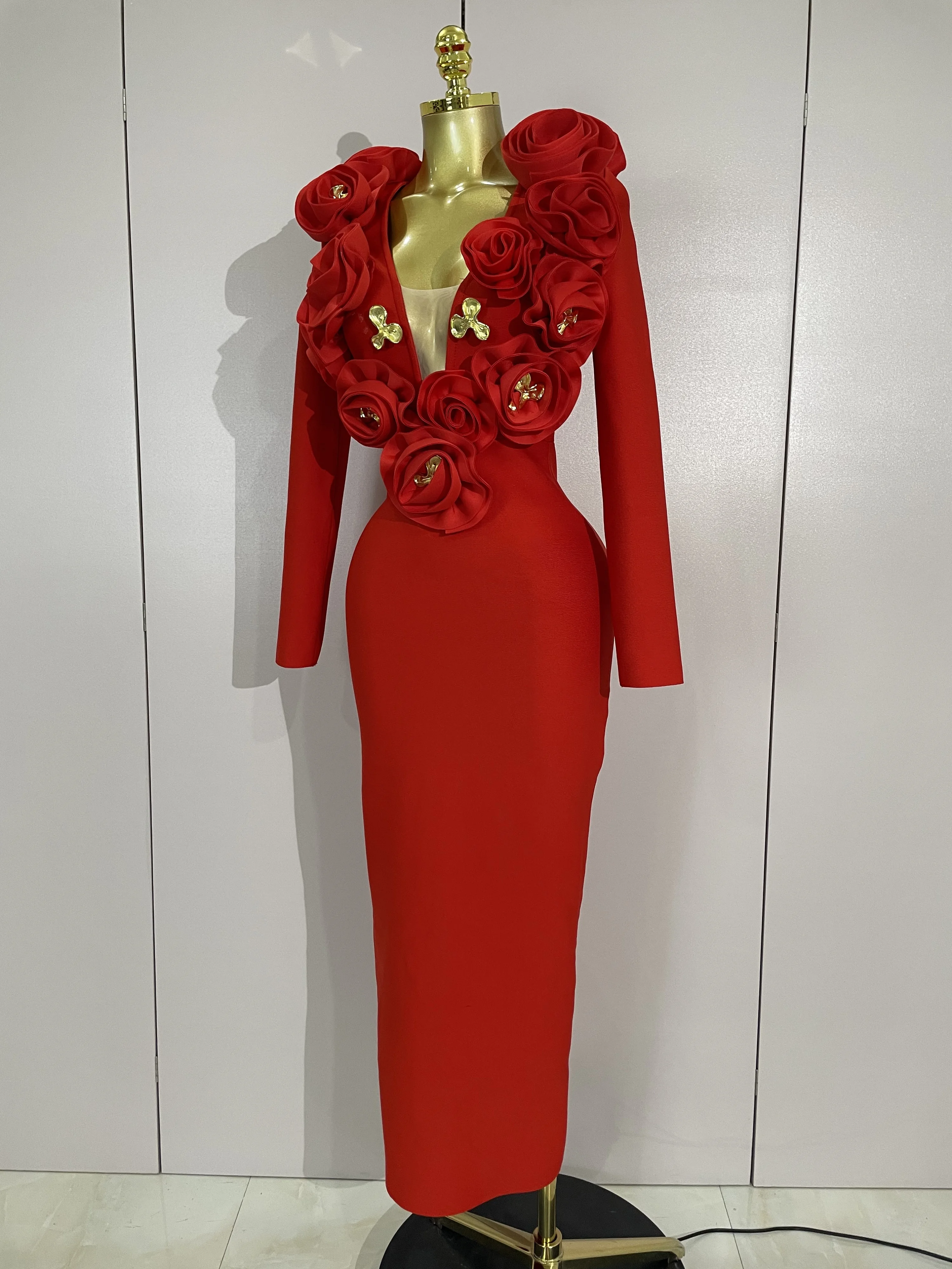 أزياء أنيقة ثلاثية الأبعاد زهرة طويلة الأكمام Bodycon ضمادة فستان المرأة المشاهير نادي الحفلات الفاخرة فستان الزفاف عيد ميلاد Vestidos