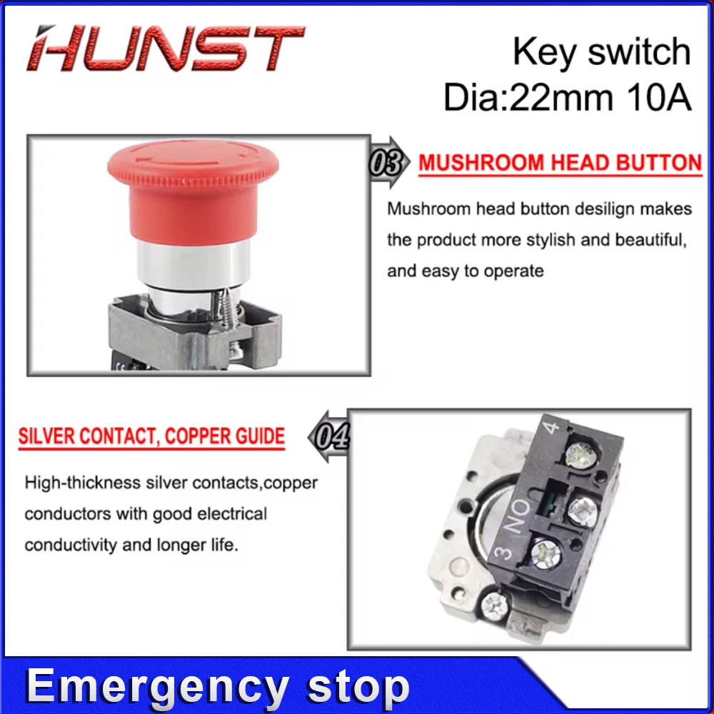 Hunst 비상 정지 버튼 NC 키 스위치 CO2 레이저 조각 절단기 용 AC15 10A 없음
